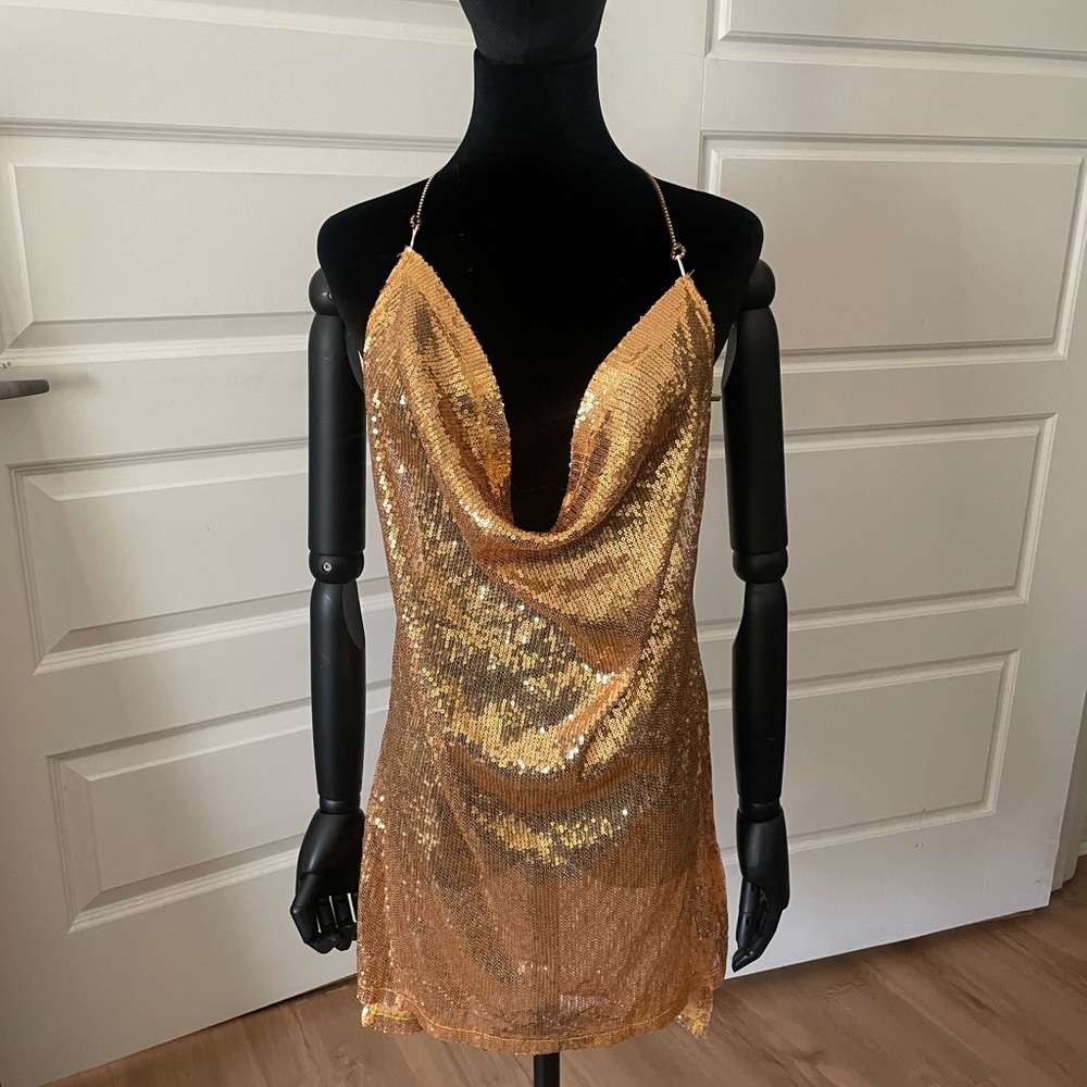 New M Gold Sequin Halter Dress Club New Years Rave Festival